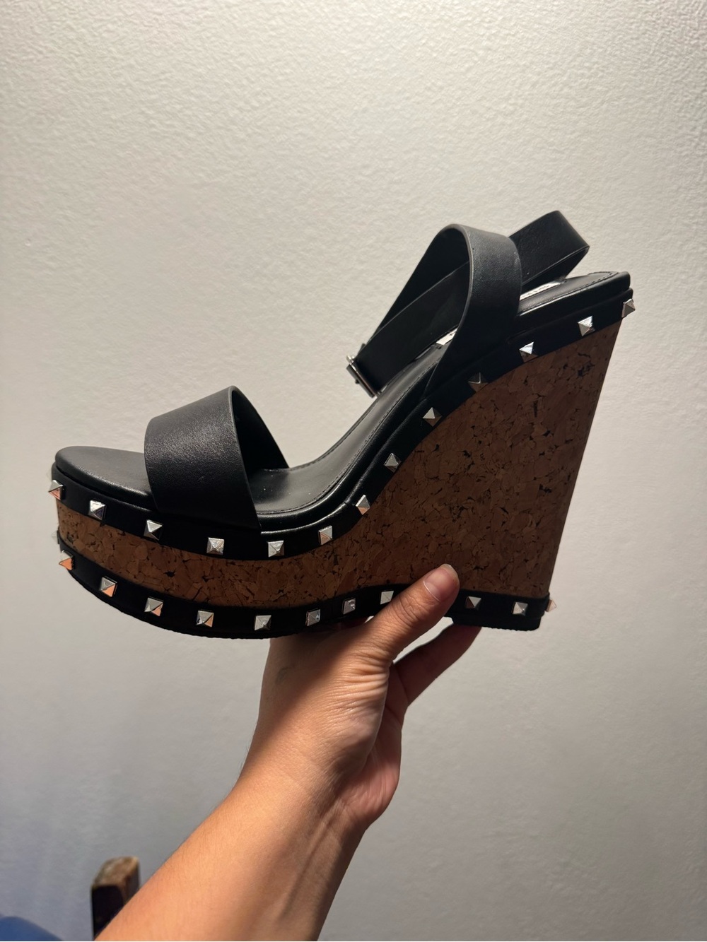 Steve Madden Black Cork Wedge Sandals with Silver Studs